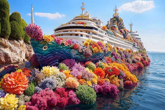Luxury cruise ship among colorful flowers on coast
