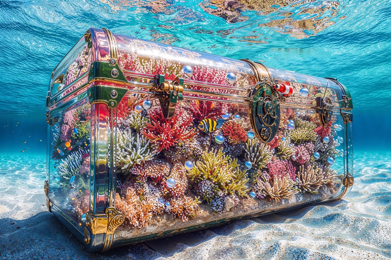 Peti transparan dengan karang berwarna-warni dan ikan di dalamnya di dasar laut