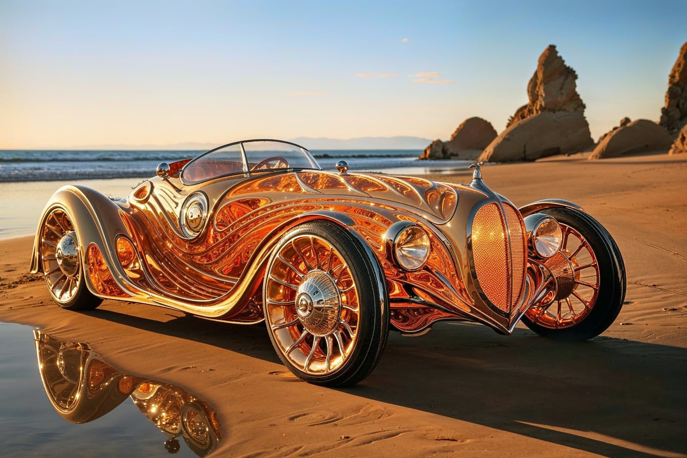 Auto d’epoca d’oro su una spiaggia
