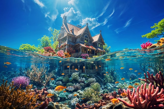 Eventyrhus på et koralrev halvt nedsænket i vand med fisk og koraller