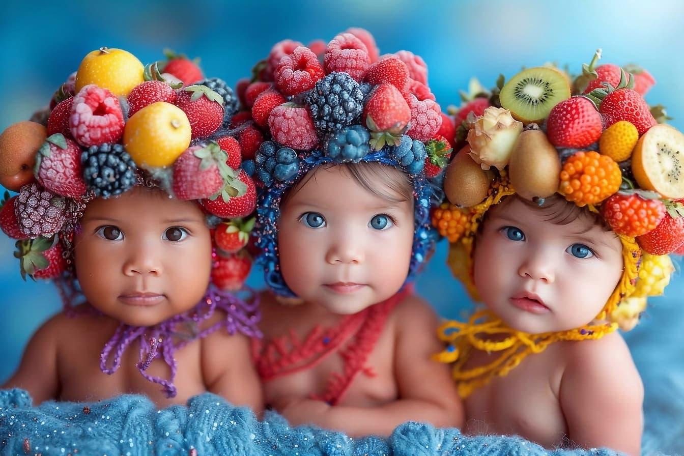Portrait de bébés avec des chapeaux de fruits