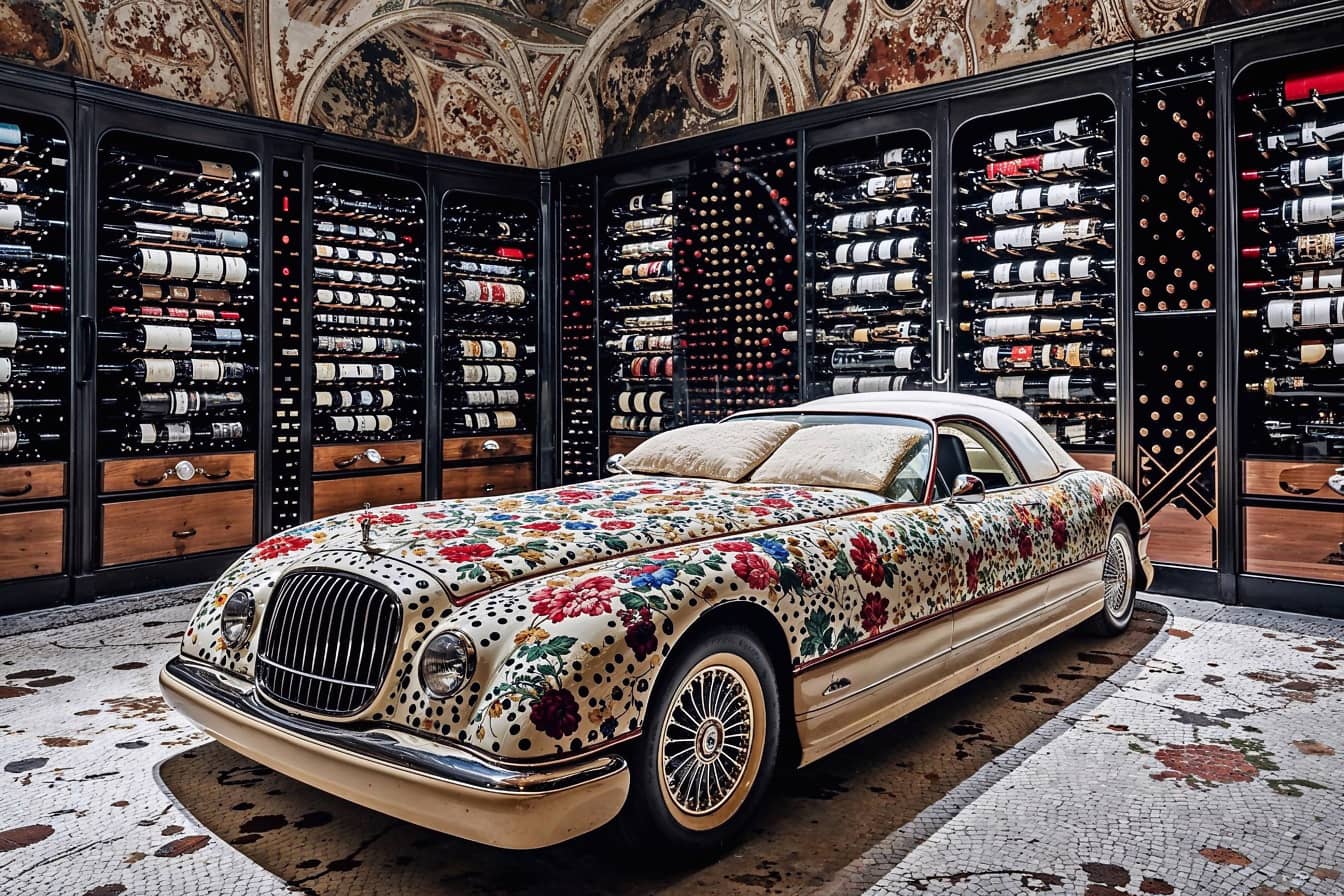 Pat în formă de mașină acoperită cu flori într-o pivniță de vinuri