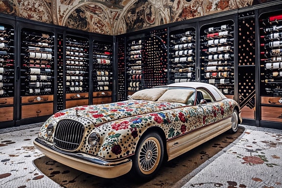 Bed in a shape of a car covered in flowers in a wine cellar