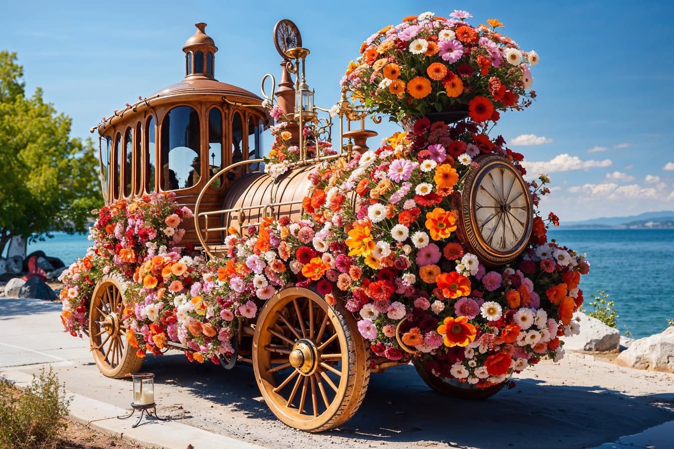Çiçeklerle süslenmiş buharlı lokomotif
