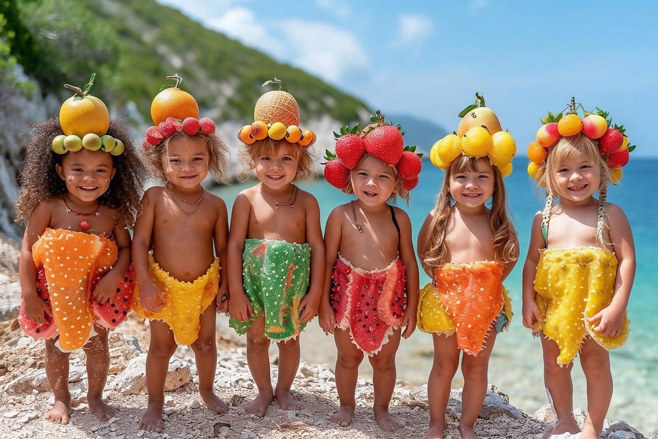 Grup de copii pe plajă purtând haine de fructe