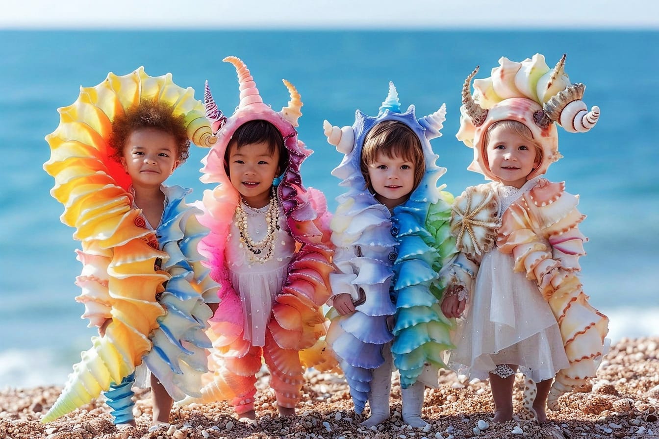 Smiling children wearing colorful marine costumes on the beach