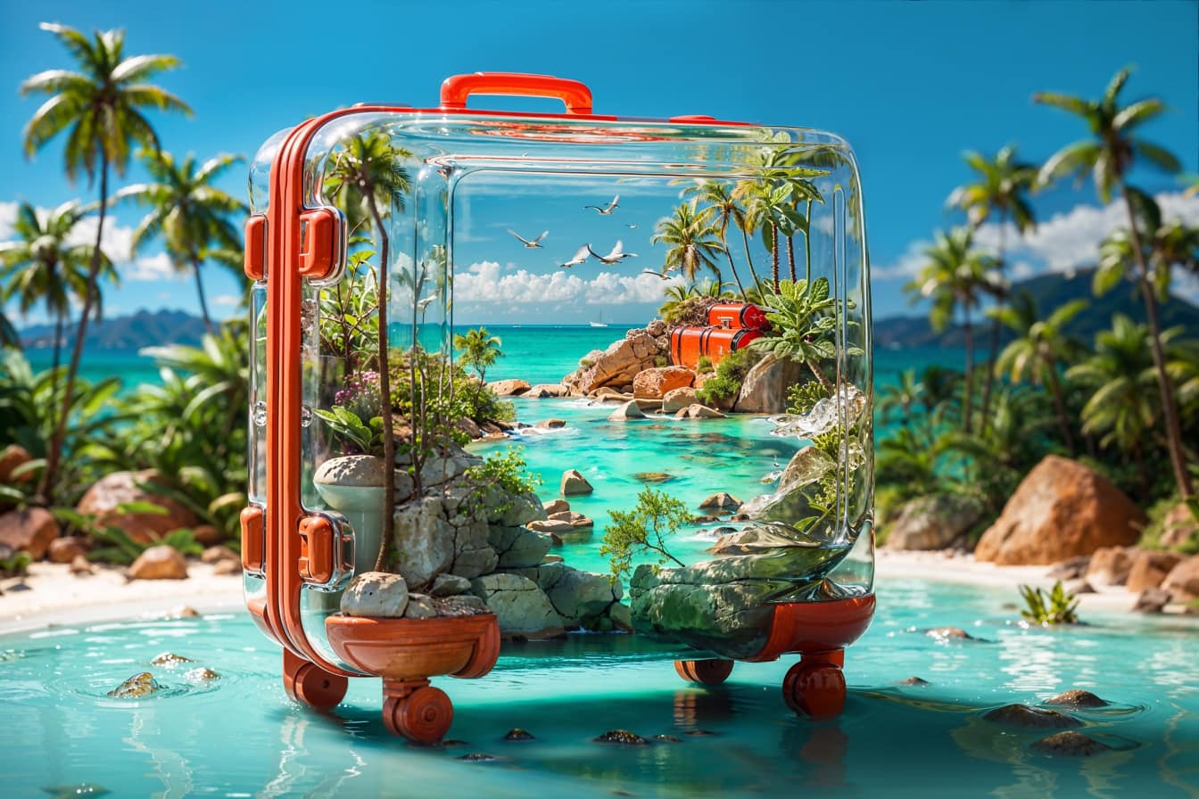 กระเป๋าเดินทางใสบนชายหาดเขตร้อนที่แสดงการเดินทางในวันหยุด