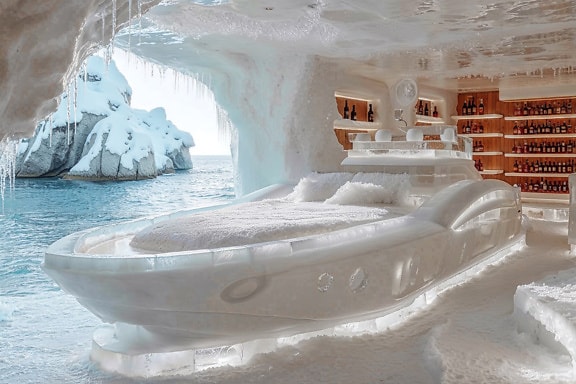 Ice bedroom with a bed in the shape of a motorboat