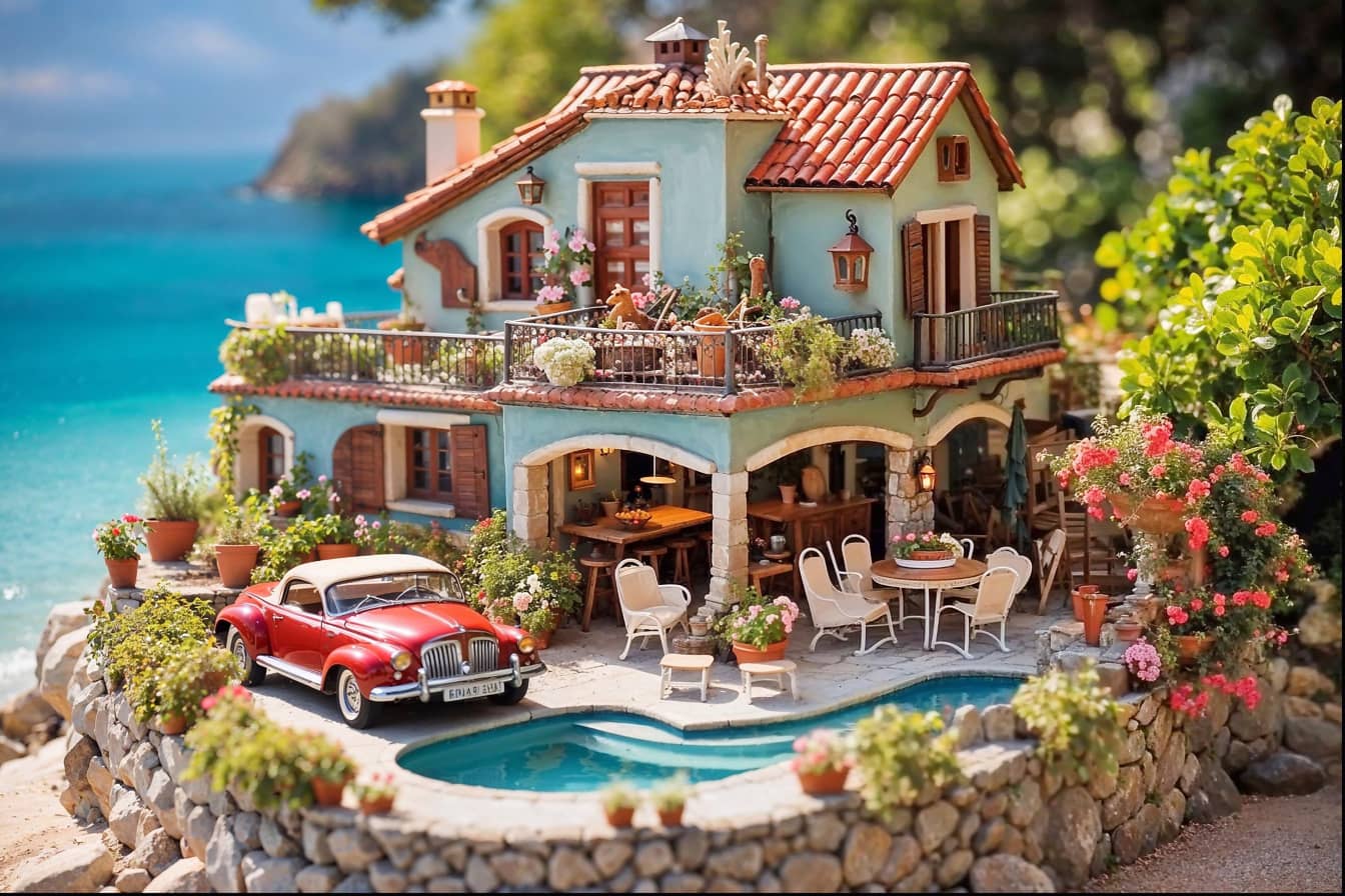 Domek modelowy z basenem i samochodem, domek dla lalek