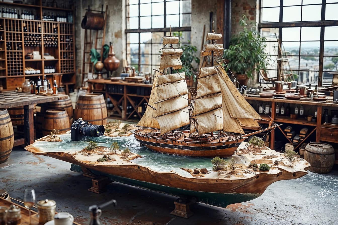 Model van een oud zeilschip op een lijst in een rustieke ruimte