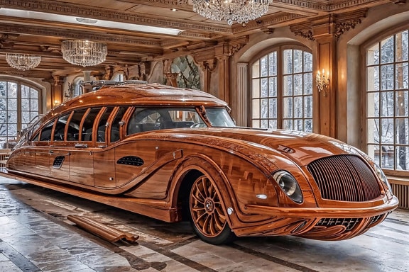Futuristic wooden limo car in a room