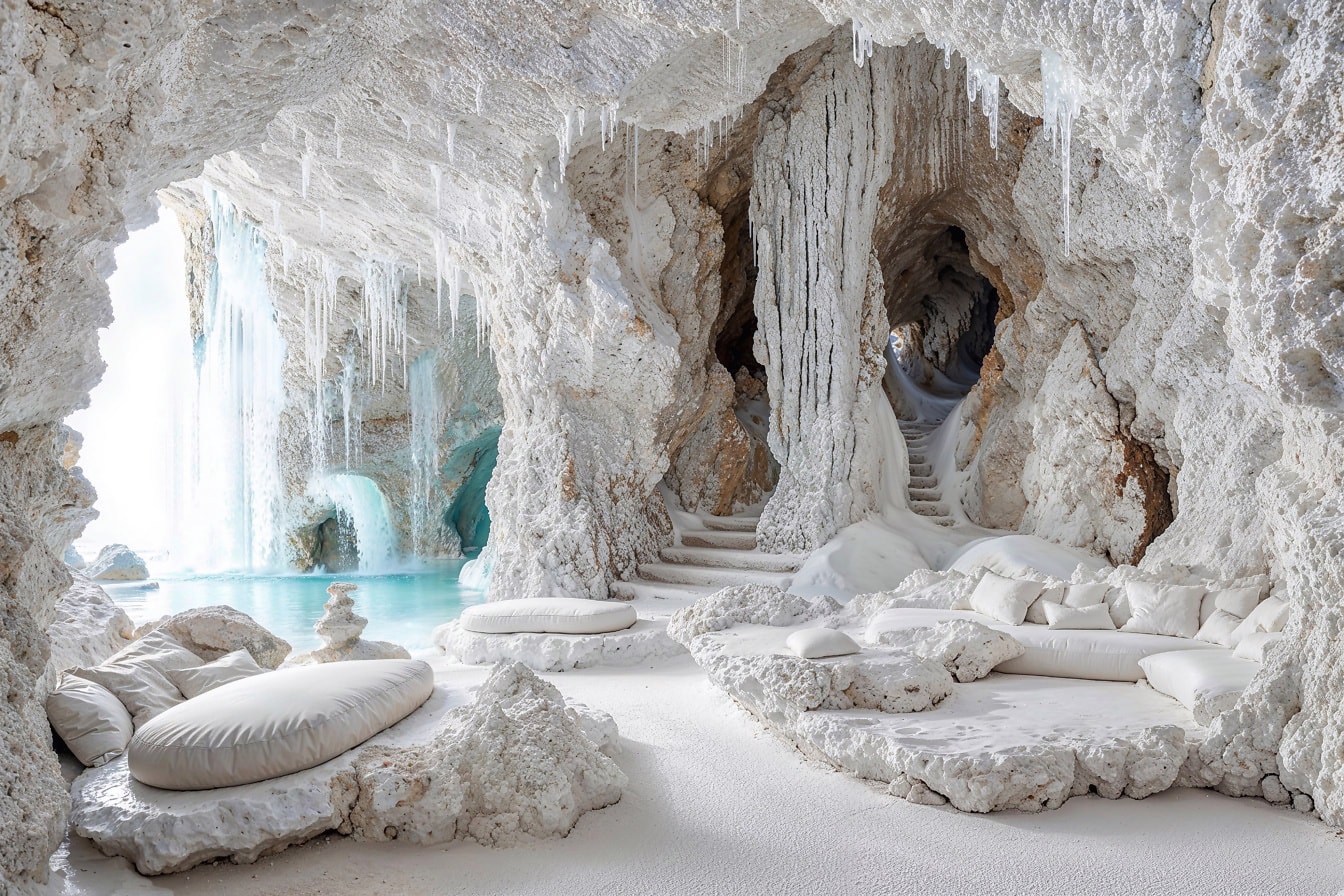 Место отдыха в каменистой соляной комнате внутри пещеры