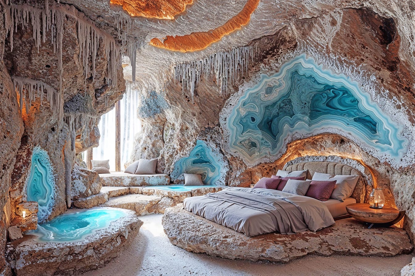 Seng i et soveværelse inde i hulen med stalaktitter og stalagmitter