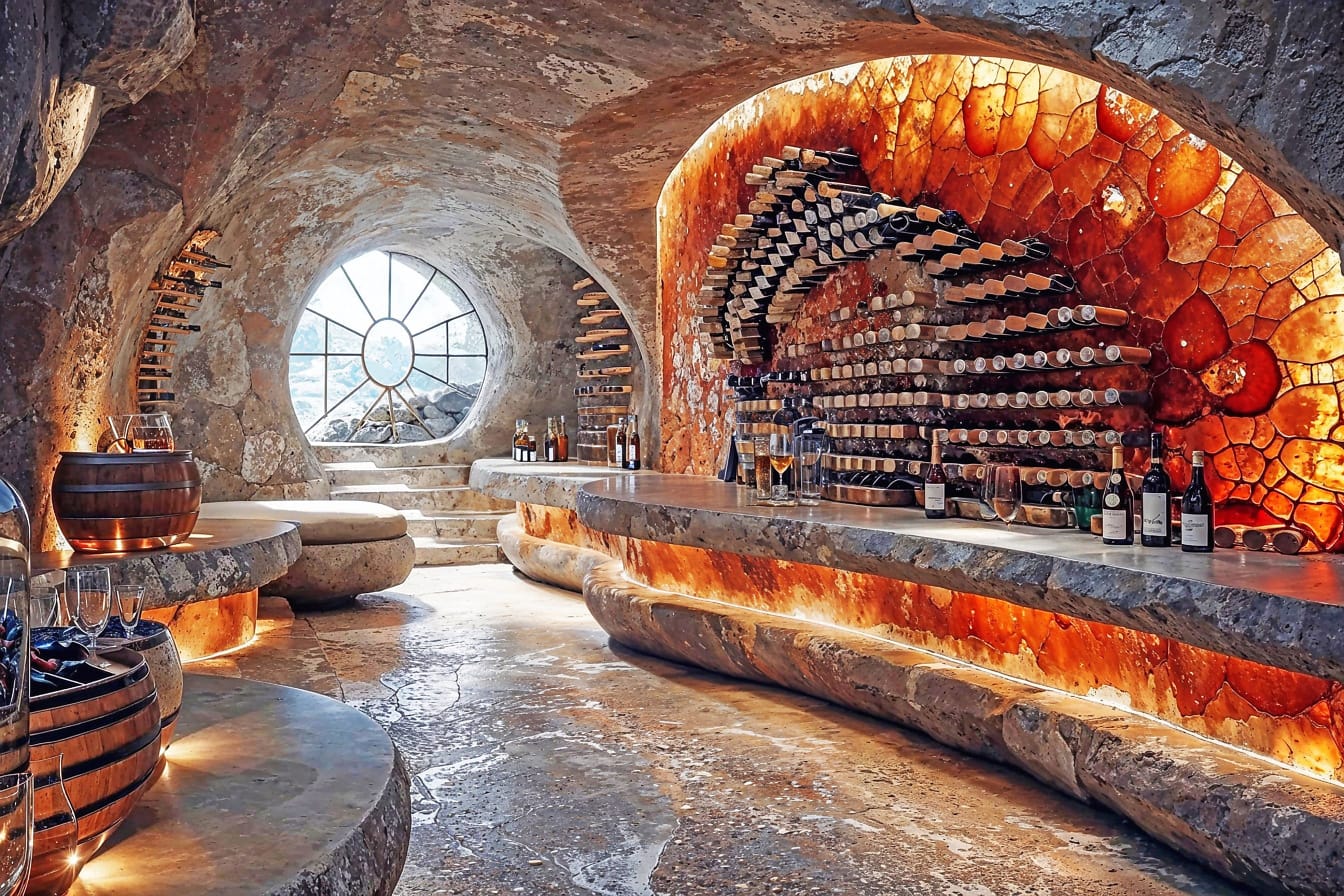 Bir şişe şarap ve likör içeren bir bara sahip mağara içindeki restoran