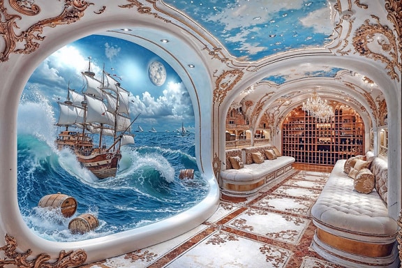 Room with a large wall mural depicting old sail ship in a storm weather