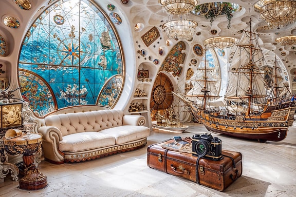 Room with a large stained glass window with maritime map on it and a couch and suitcase