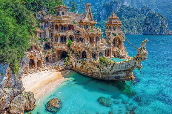 Fairytale castle in a shape of sailing ship carved out of cliff