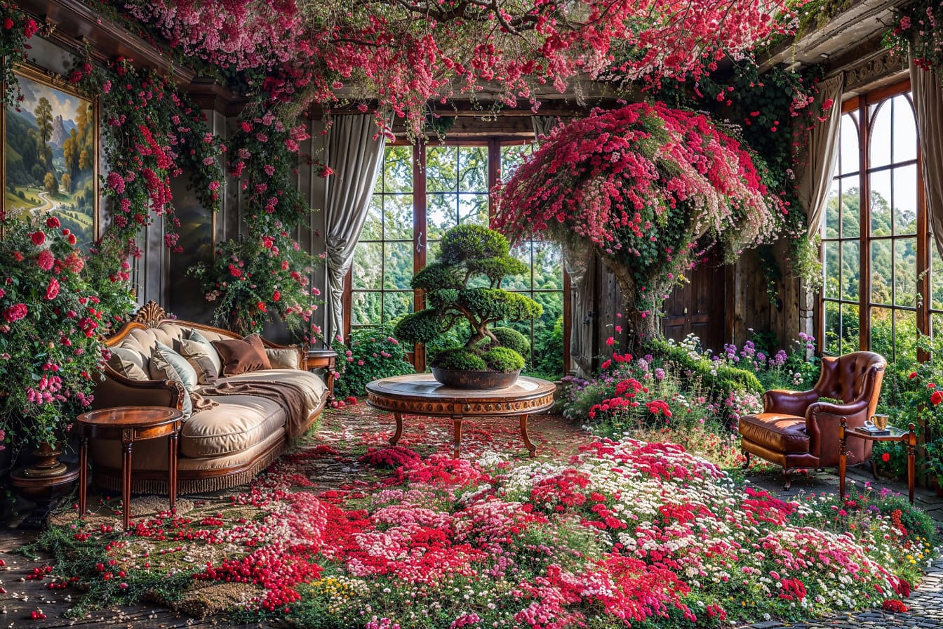 Rum fullt av blommor och med en soffa och ett bord med ett bonsaiträd på toppen