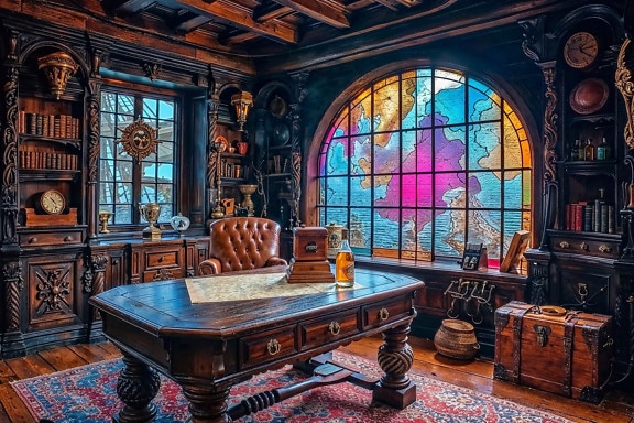 Szoba viktoriánus bútorokkal és ólomüveg ablakkal