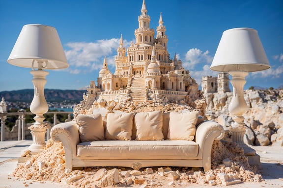 Couch and lamps in front of a castle