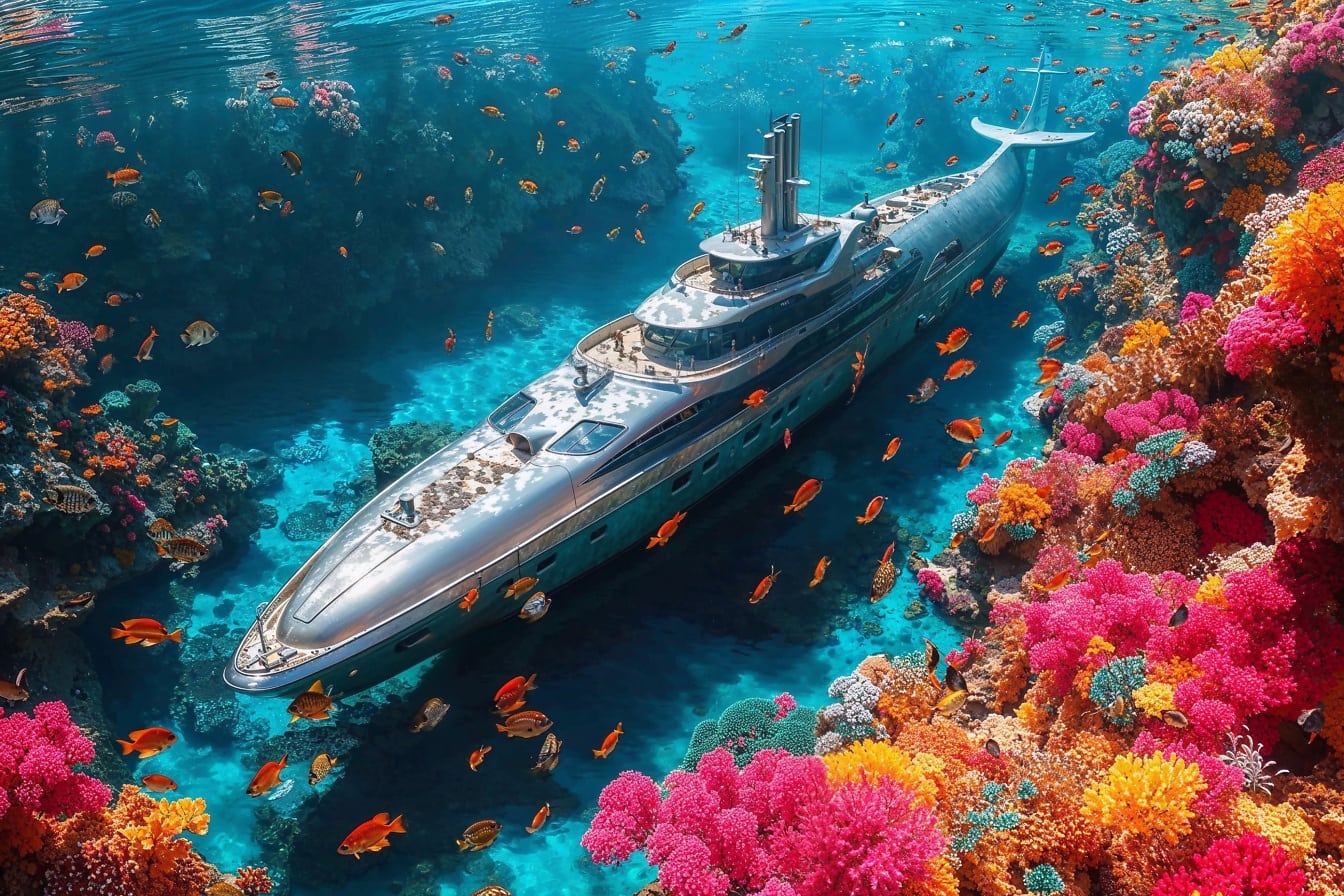 Туристическая подводная лодка среди коралловых рифов