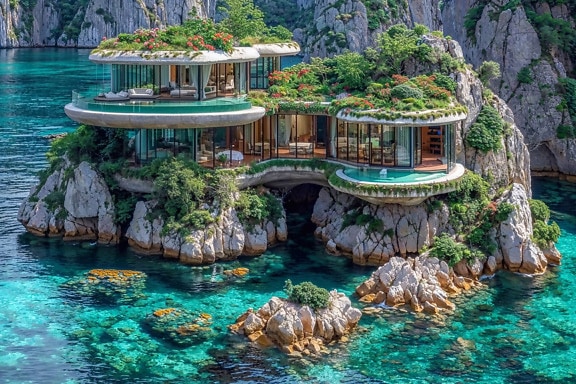 Luxury villa on the cliff surrounded by water
