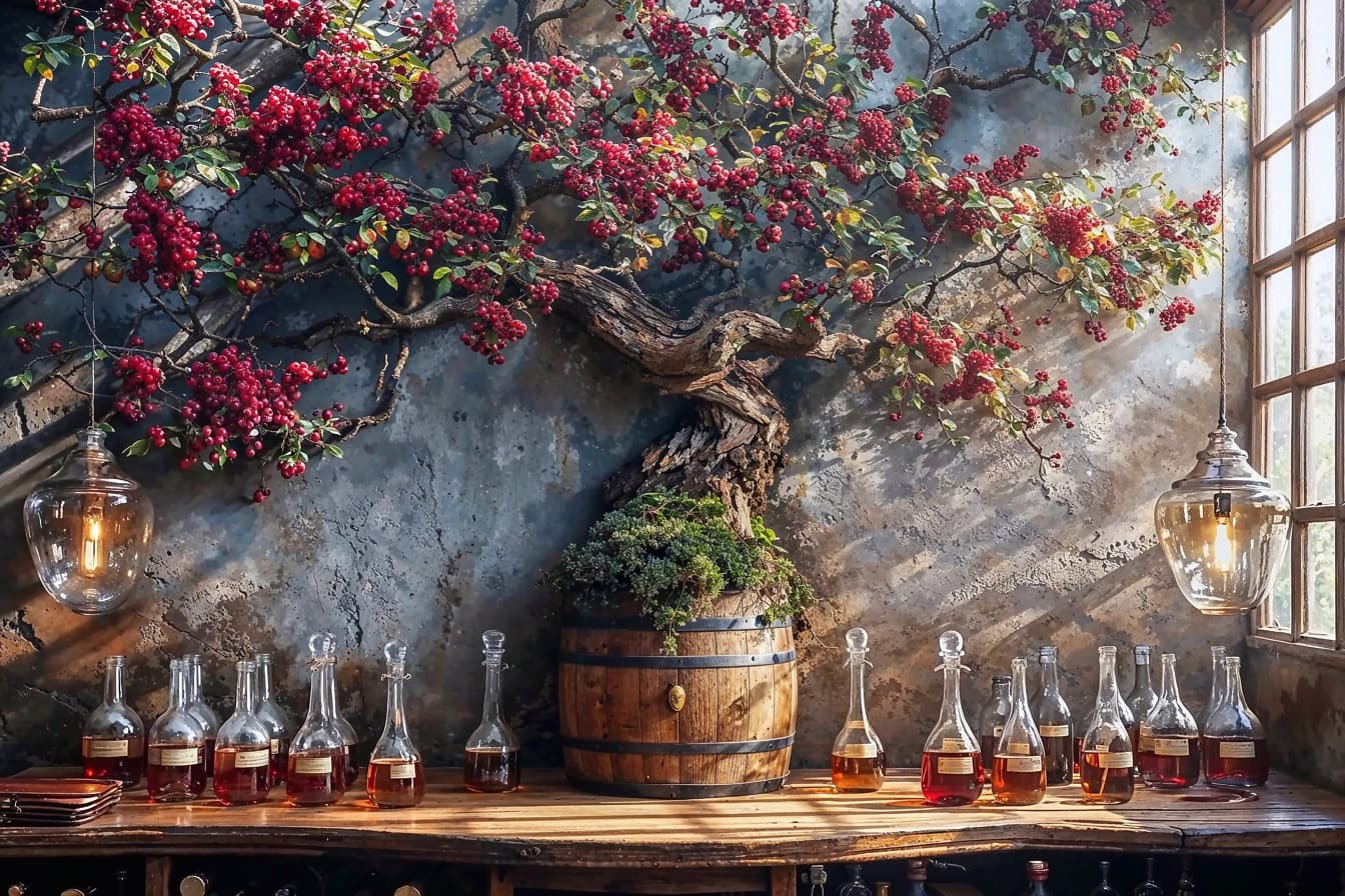 Bonsaiträd som växer från en tunna och flaskor på ett rustikt bord
