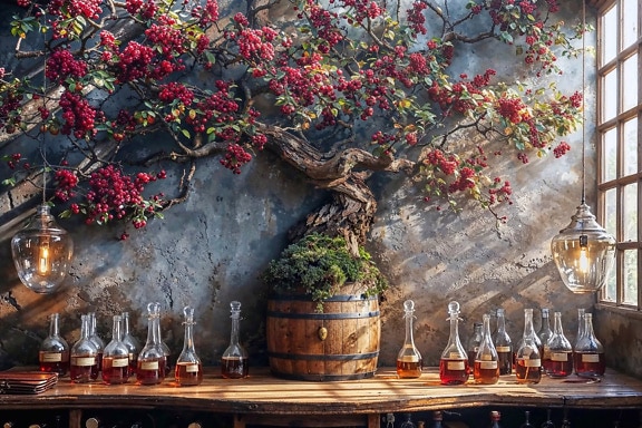 Дерево бонсай, растущее из бочки и бутылок на деревенском столе