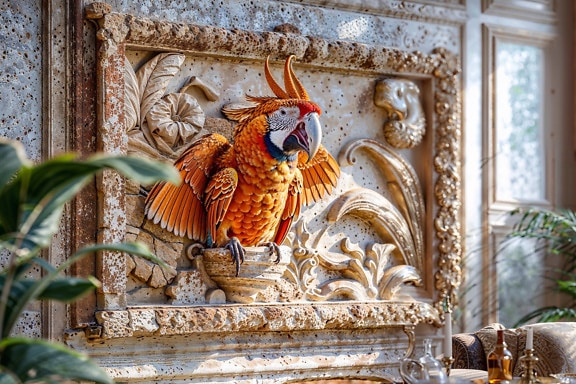 Skulptur av oransje gul papegøyefugl inne i steinramme på en vegg