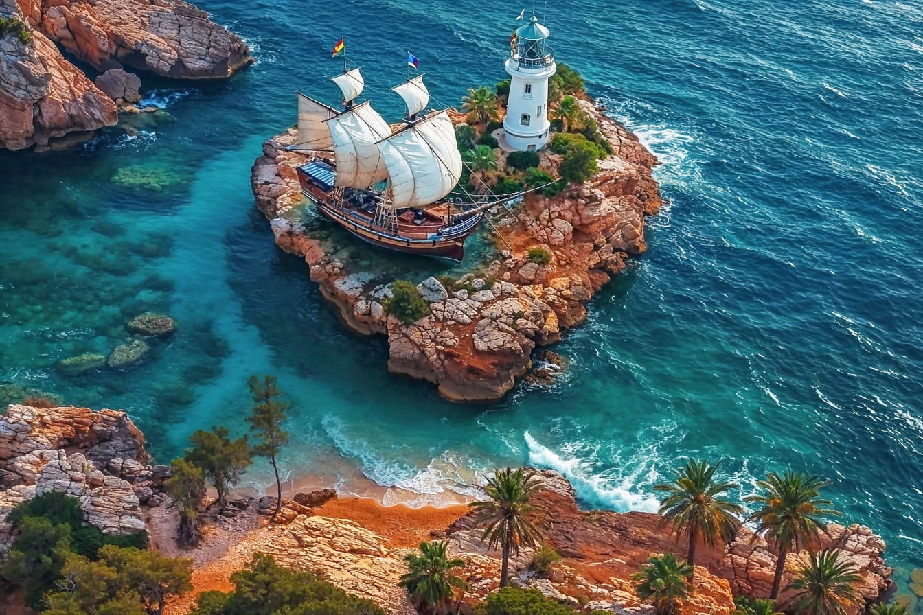 Żaglówka na wyspie w kształcie serca z latarnią morską na szczycie