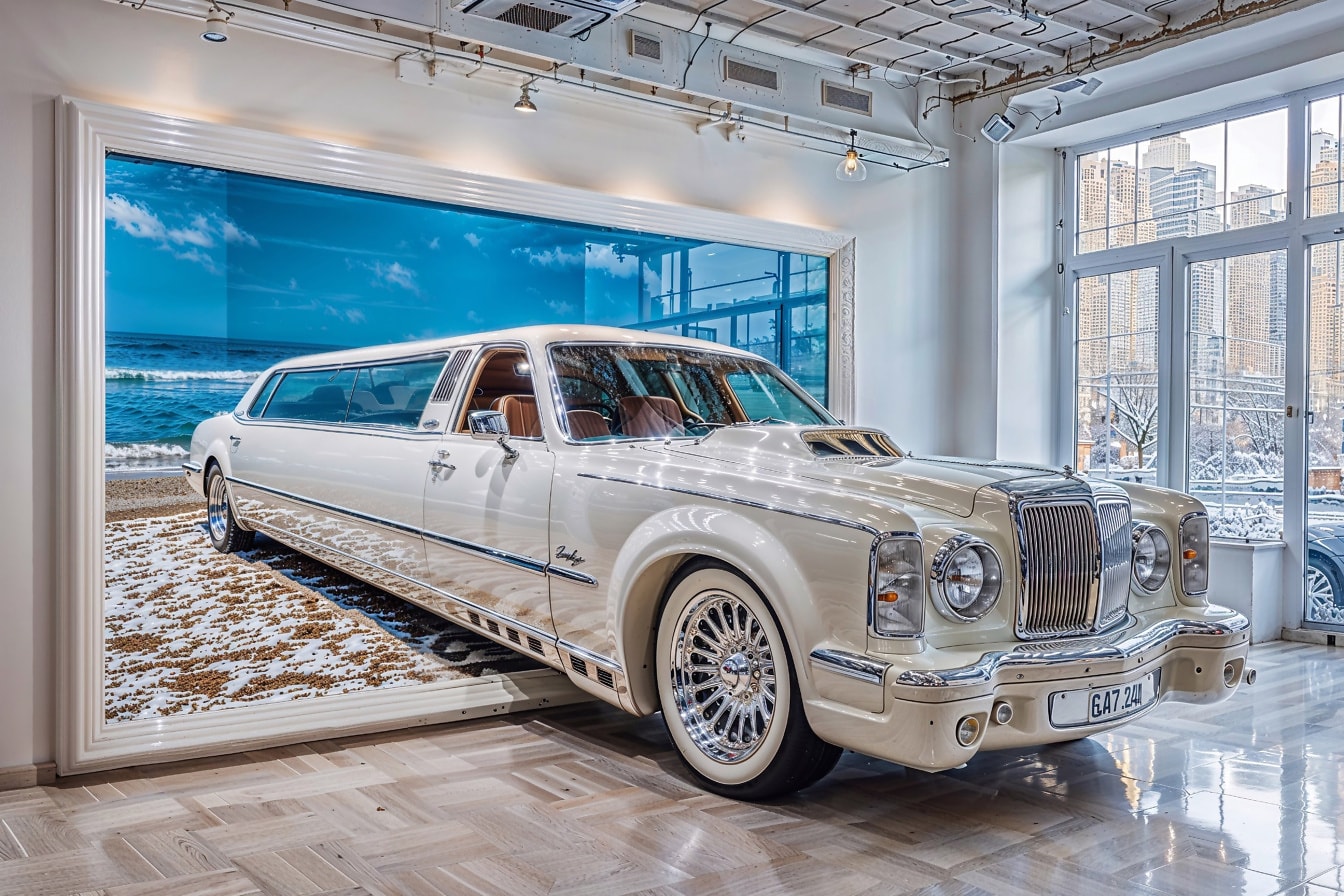 Luxus fehér limuzin belép egy szobába a tengerpartról