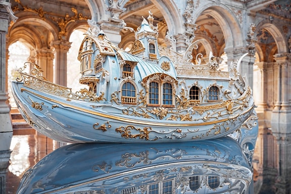 Model luxusní gondoly ze 16. století na podlaze v muzeu