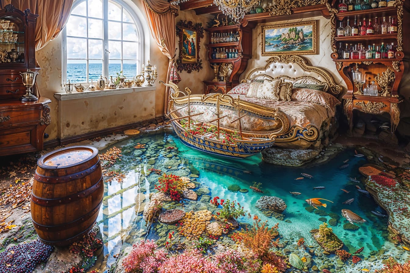 Kamar tidur bergaya terumbu karang dengan perahu di air di depan tempat tidur