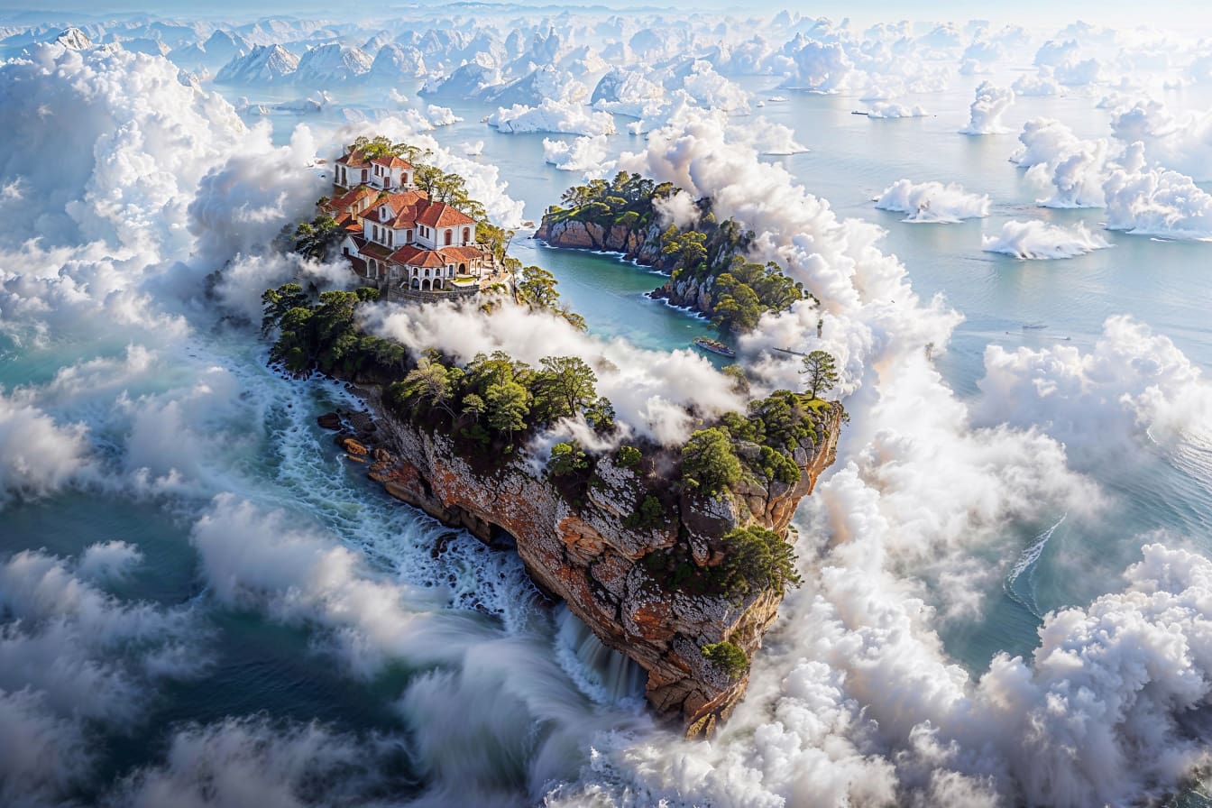 Приказна къща на скален остров, заобиколен от облаци