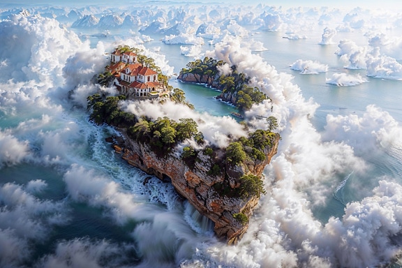 Eventyrhus på en klippeø omgivet af skyer