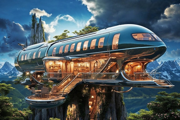 Casa de avión futurista en un acantilado
