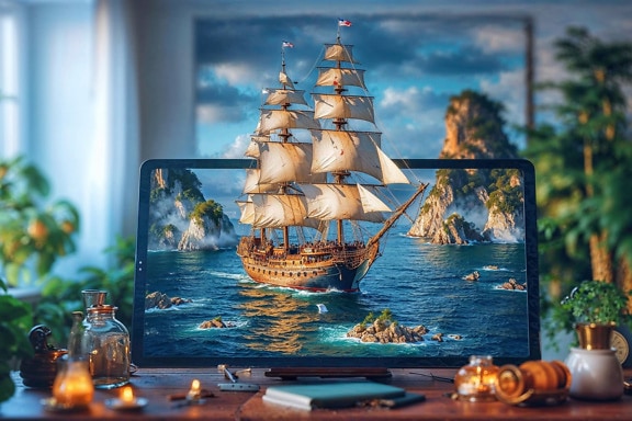 Sailing ship emerges from desktop computer monitor