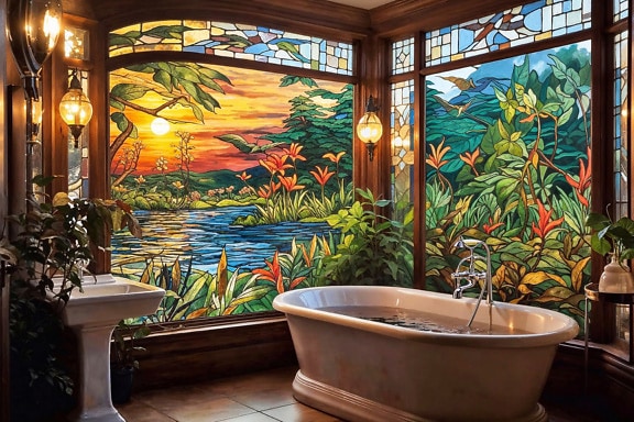 Bathroom with a stained glass window and a bathtub