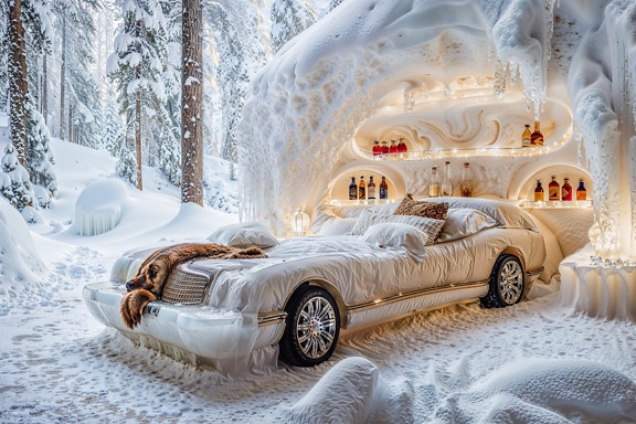 Cama de conto de fadas em forma de carro na floresta nevada