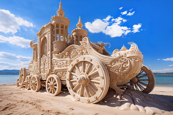 Sand sculpture of a carriage on sandy beach