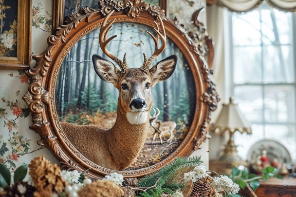 Jelen se vynořuje ze zrcadla s klasickým vyřezávaným rámem v obývacím pokoji