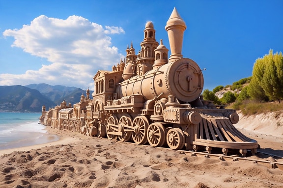 Sculptură în nisip a unei vechi locomotive cu aburi pe o plajă de nisip