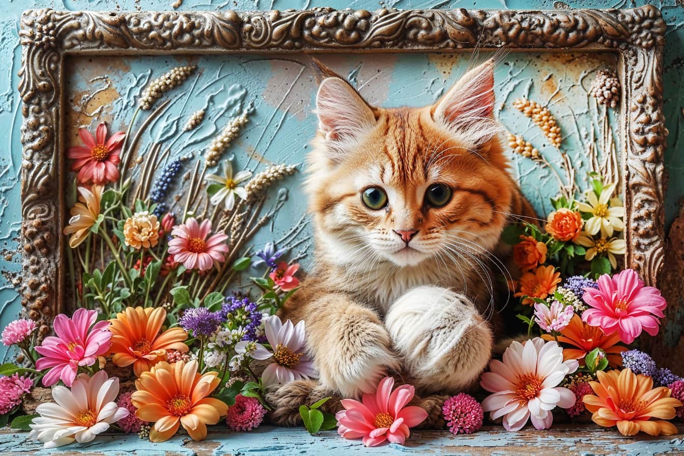 Katze sitzt in einem Rahmen mit Blumen