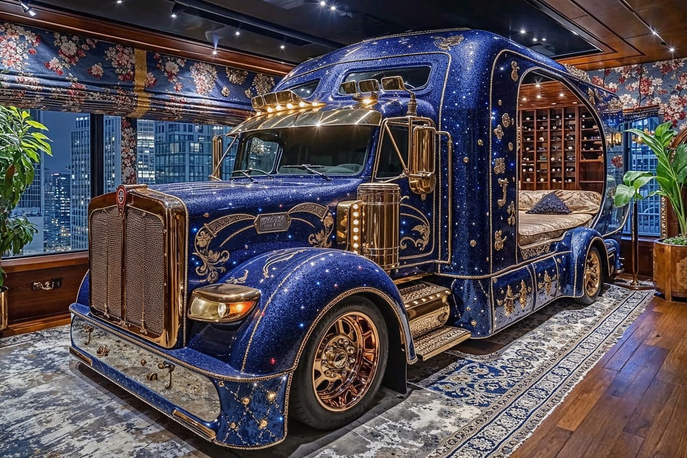 Spálňa s posteľou v tvare modrého nákladného auta so zlatými akcentmi