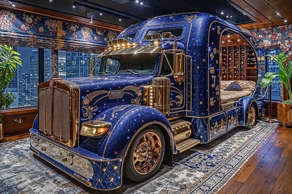 Dormitorio con cama en forma de camión azul con detalles dorados