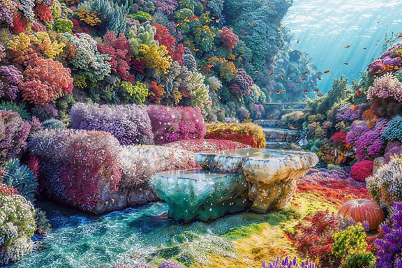 Couch and table set among the colorful corals at the bottom of the sea