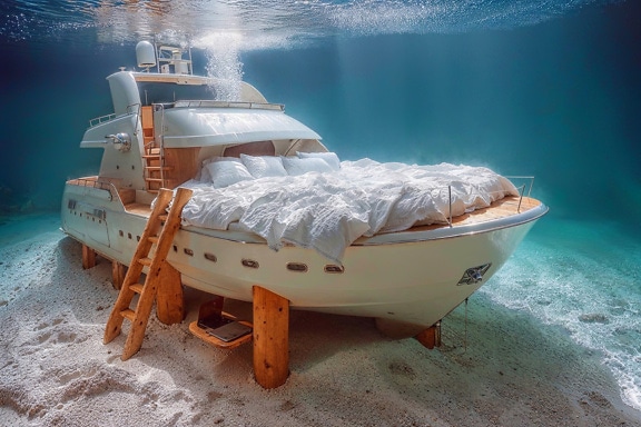 Barco bajo el agua con cama y escalera