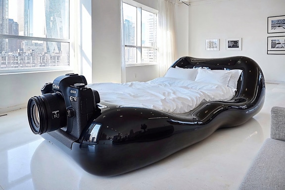 Bett in Form einer Digitalkamera mit Objektiv
