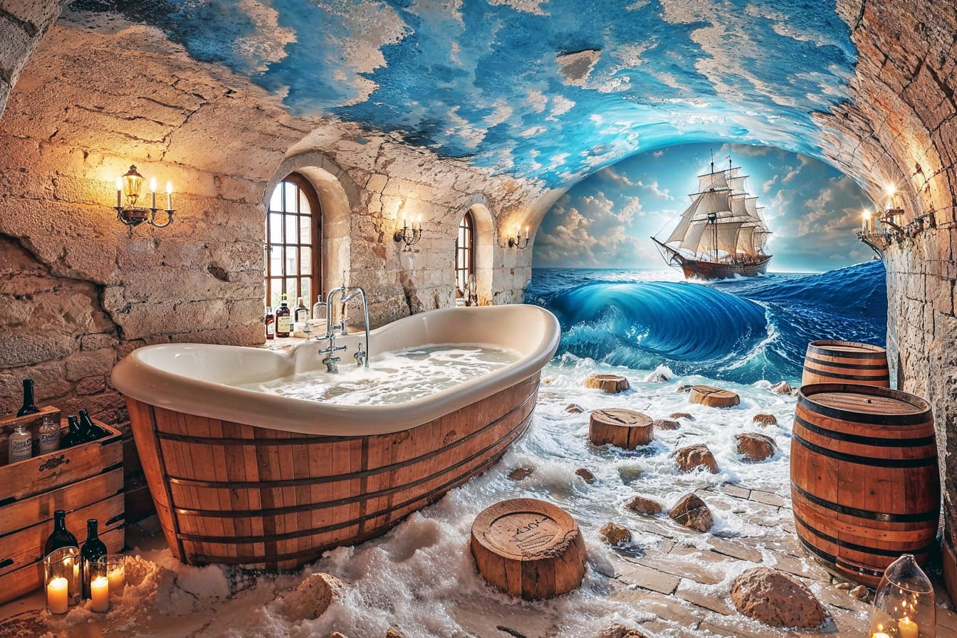 Ванна кімната в морському стилі всередині підвалу з ванною і фрескою із зображенням вітрильного корабля