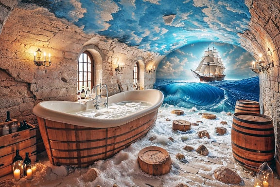 Badrum i maritim stil inuti källaren med badkar och en väggmålning av segelfartyg